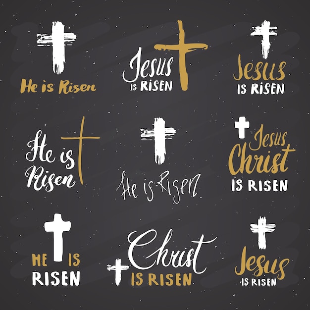 He is risen lettering set religious signs with crucifix symbols vector illustration