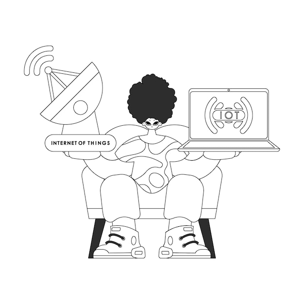 그는 IoT 데이터 벡터 선형 설계를 처리하기 위해 안테나와 노트북을 들고 있습니다.