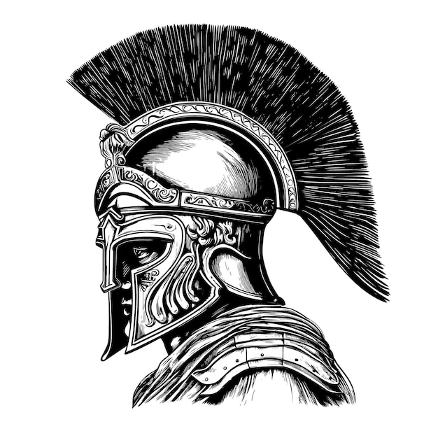 The head of an ancient greek warrior in a helmet portrait isolated on a white background