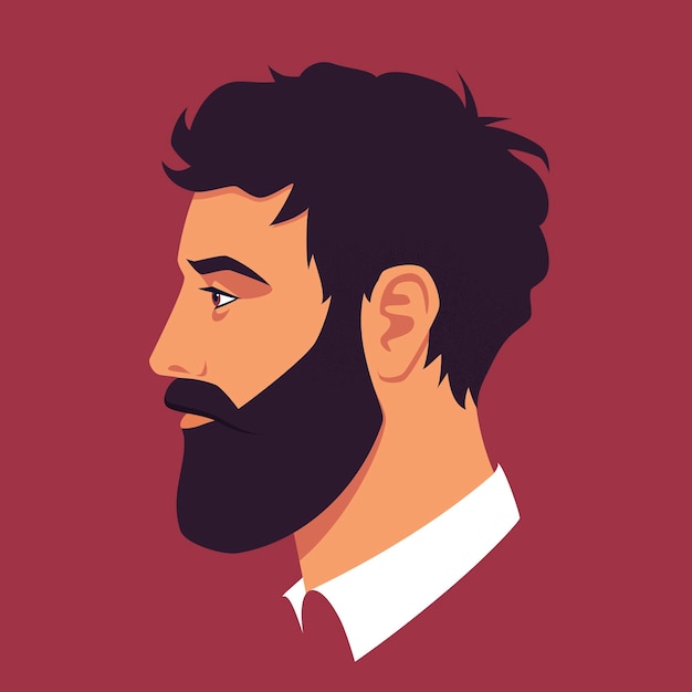 Vector head of bearded man in profile portrait of bearded brunet man face side view