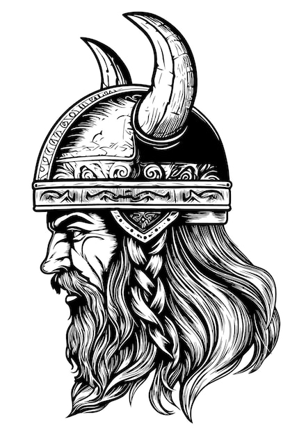 Head of a bearded viking with a formidable face in a helmet with horns isolated on white background