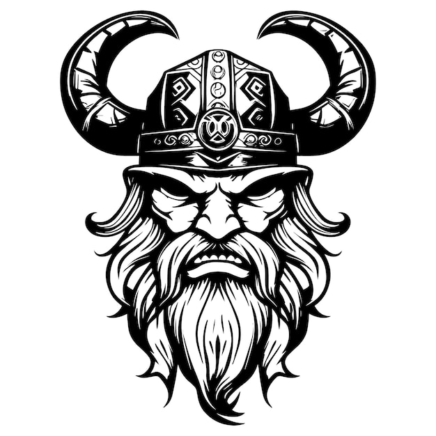 Head of a bearded viking with a formidable face in a helmet with horns isolated on a white bg