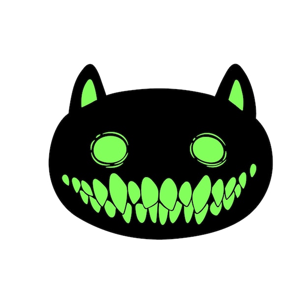 Head of black cartoon animal with green eyes and fanged smile