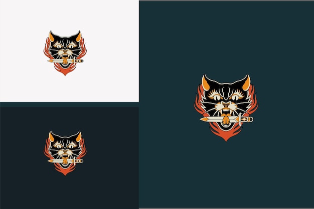 Head of black cat and knife vector flat design
