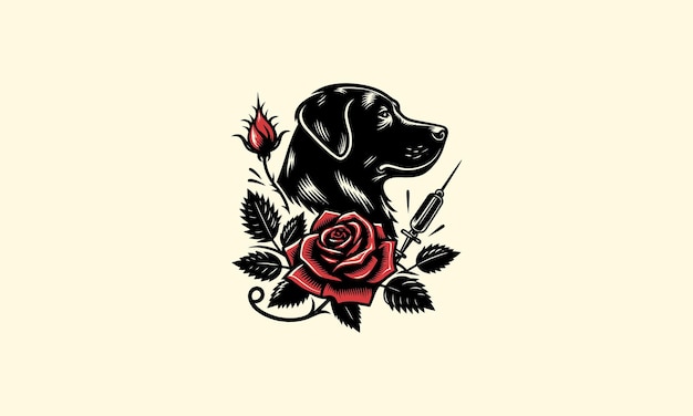 Vector head black dog and red rose vector tattoo design