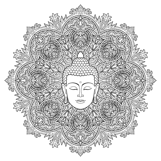 Head of buddha on floral round mandala background sign for tattoo textile print  and amulets