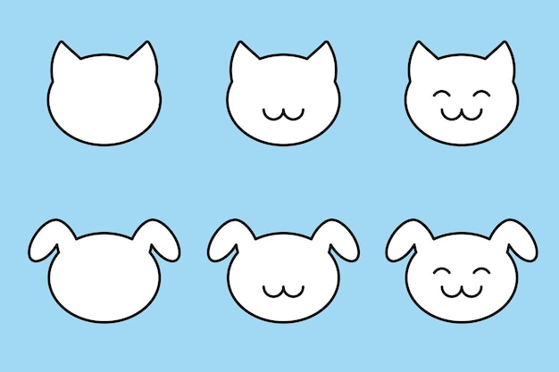 Head of a cat or dog kitten or puppy a set of linear icons vector illustration