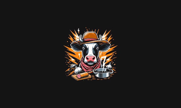 head cow wearing hat cooking with background lightning vector artwork design