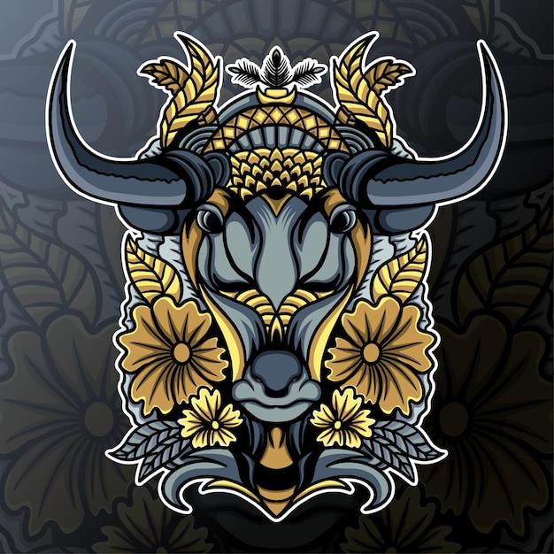 Head cow with mandala ornament and flower illustration