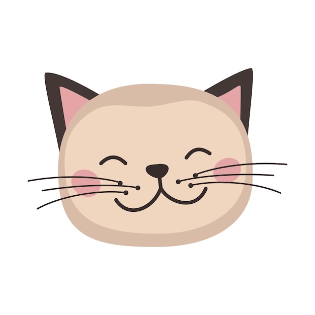 Head of cute cat in childish style with smile muzzle and eyes Funny pet with happy face Vector flat illustration for holidays