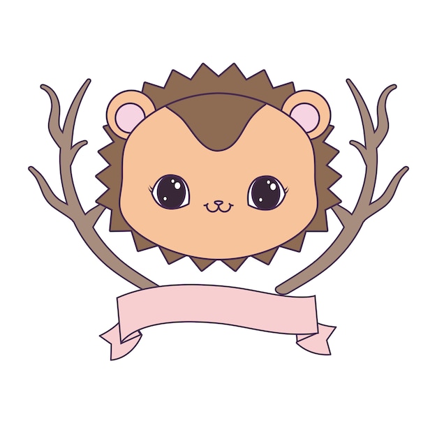 Head of cute porcupine with tree branches and ribbon