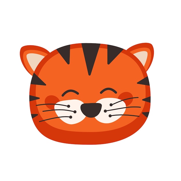 Head of cute tiger in childish style with smile muzzle and eyes Funny wild animal with happy face Vector flat illustration for holidays