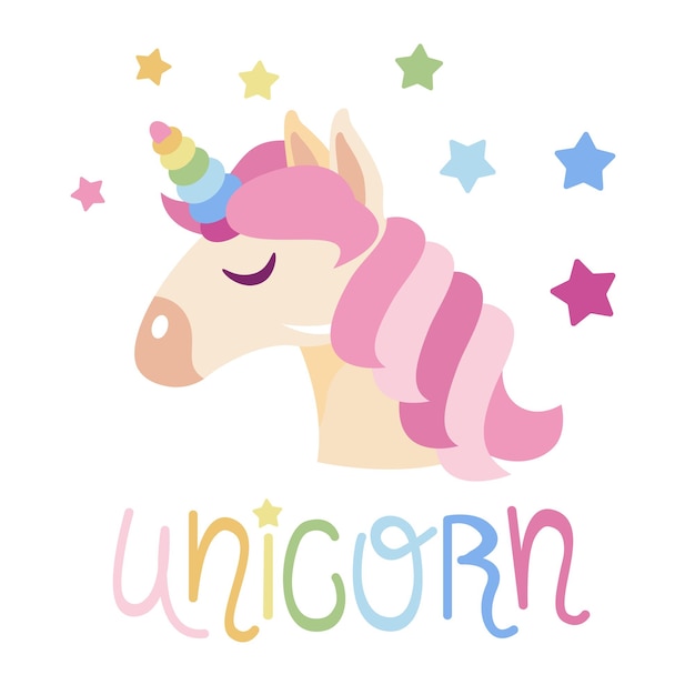 The head of a cute unicorn with closed eyes and a rainbow horn