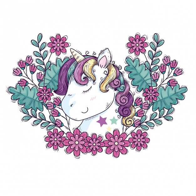 Vector head of cute unicorn with flowers decoration