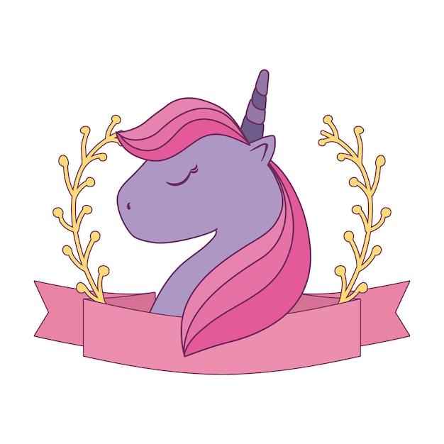 Head of cute unicorn with ribbon and branches of leafs