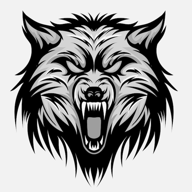 Head ferocious wolf aggressive roaring outline silhouette on a black background for tattoos and tshirt design