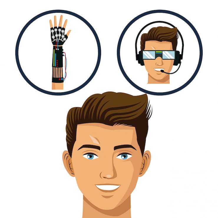Vector head gamer think glasses and wired glove virtual technology