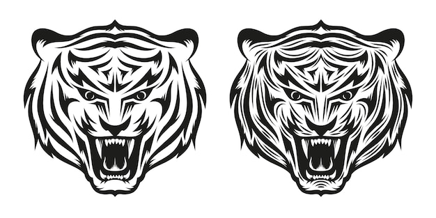 Head of growling tiger tattoo in two versionsa simple and detailed. illustration.