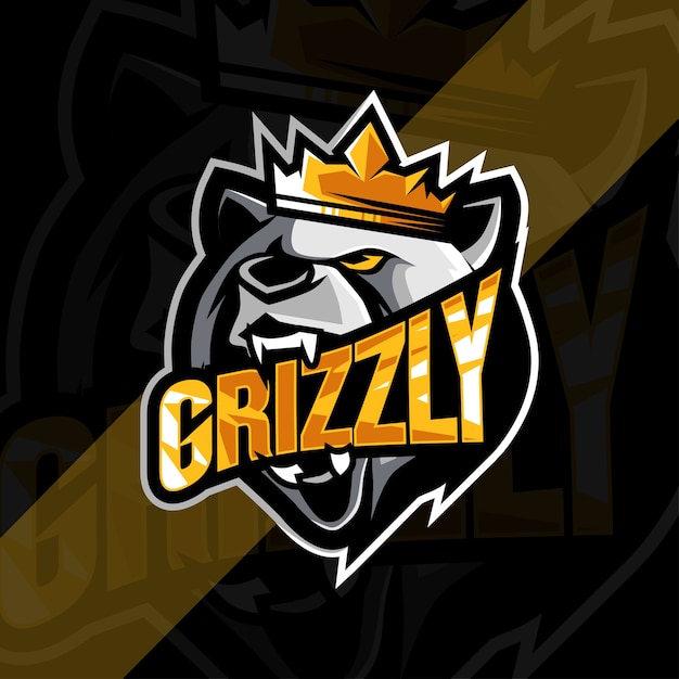 Vector head king grizzly mascot logo esport design template