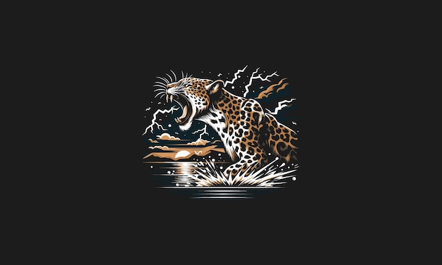 Head leopard on lake lightning vector artwork design