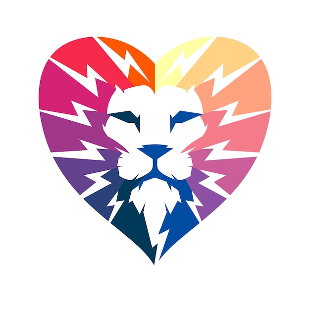 Vector the head of a lion with a mane filled with colorful lightning that forms a heart