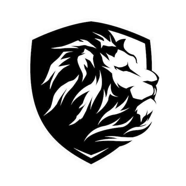 The head of a lion with a sharp black and white mane that is discreet inside a shield that