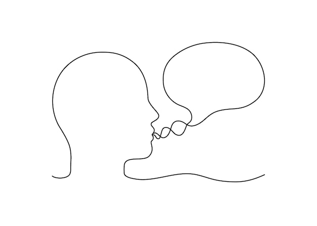 Голова человека разговаривает с речевым пузырем наброски разговора человек говорит непрерывный рисунок линии