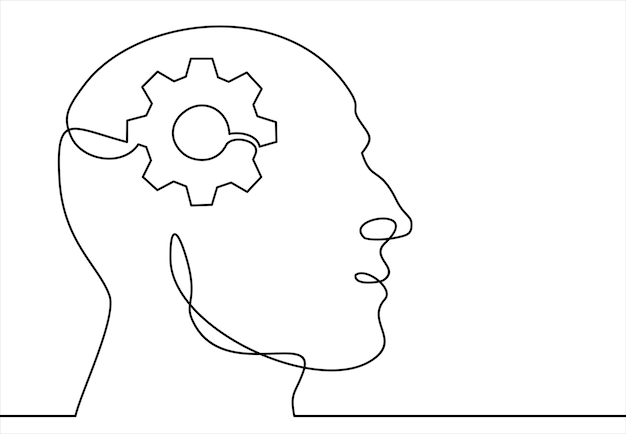 Vector head of a man with gears inside drawn in one line on a white background oneline drawing