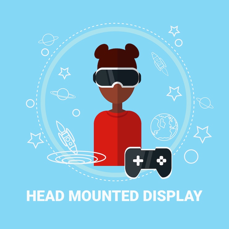 Vector head mounted display african american woman wearing virtual reality headset modern gaming technology concept