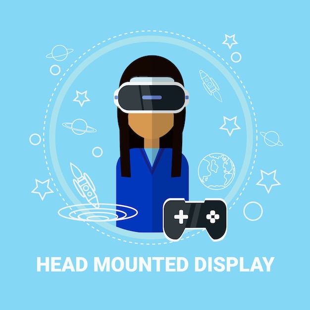 Vettore concetto moderno di tecnologia di gioco della cuffia avricolare d'uso della testa della donna montata testa dell'esposizione