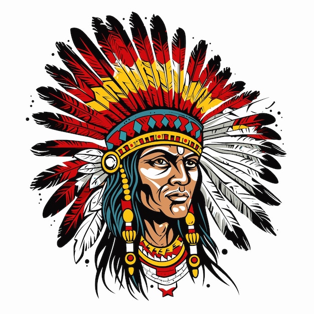 Head of an old wise Indian chief wearing a feather headdress Vector