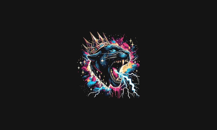 Vector head panther wearing crown on galaxy lightning vector artwork design