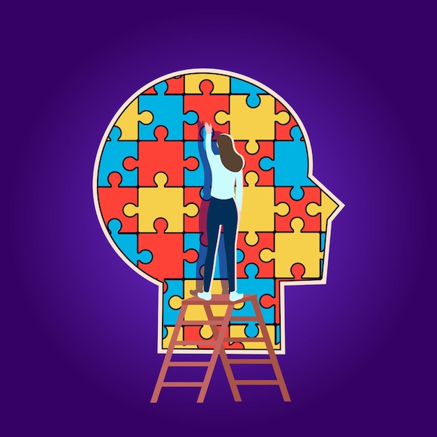 Head profile is made of puzzle pieces. concept of psychological help. vector