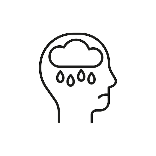 Head profile with cry bad mental health and mood line icon Face with rain cloud Sadness despair mind psychology Vector