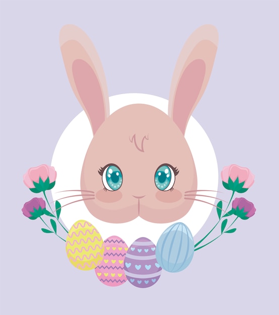 Head rabbit with eggs of easter and flowers