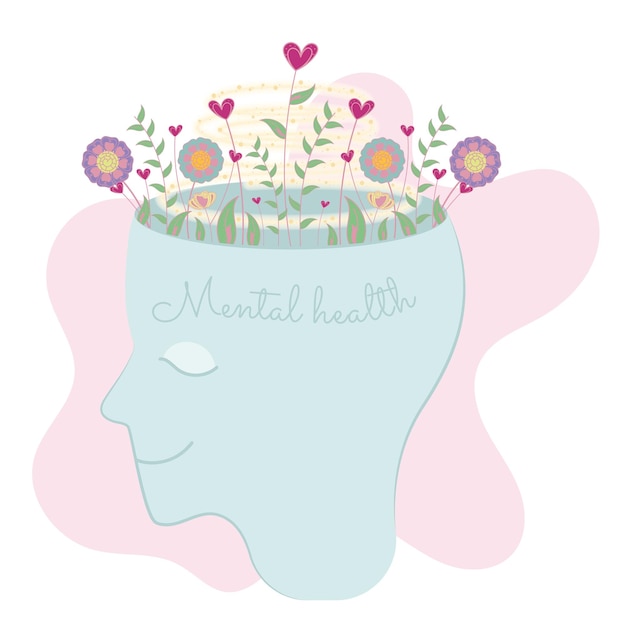 Vector head silhouette with flowers mental health vector