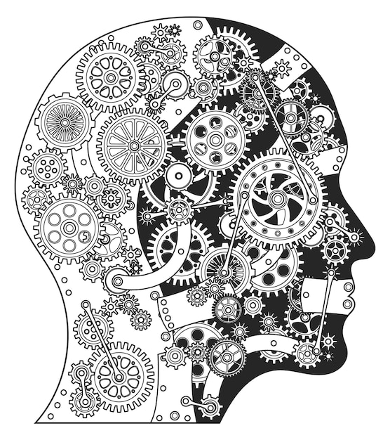 Head silhouette with gears and cogwheels mind work