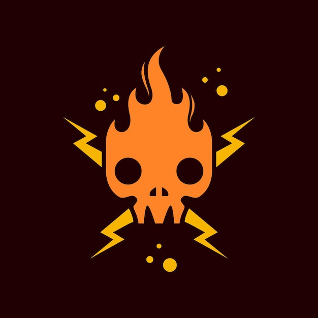 Head skull cranium fire flame hot thunderbolt simple colored logo design vector