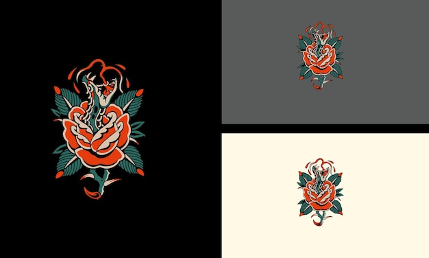 Vector head snake and red flowers vector mascot design