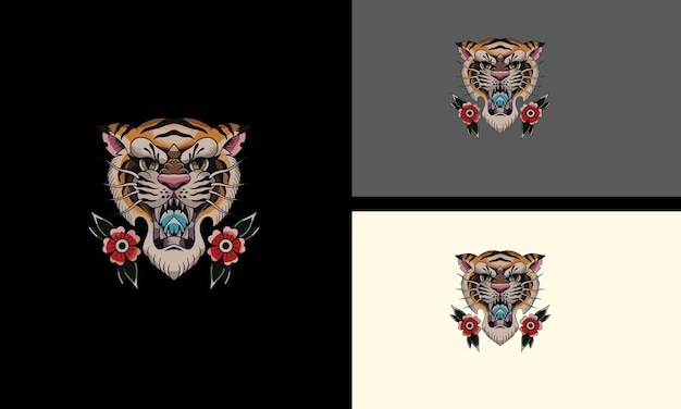 Head tiger and flowers vector mascot design