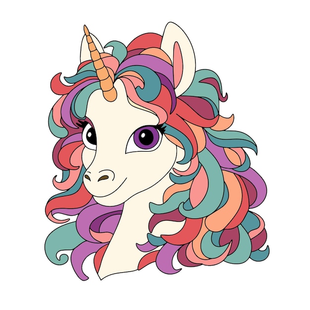 Head unicorn colored outline Hand drawn unicorn isolated on white background Doodle unicorn