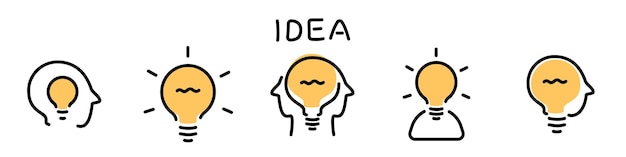 Head with lightbulb line icon set Concept of new idea illustration