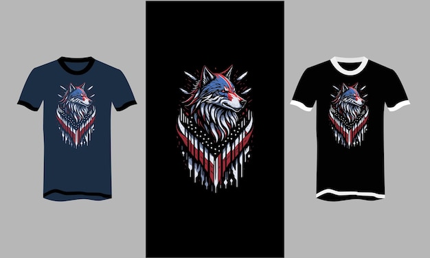 Vettore testa di lupo con bandiera americana sfondo tshirt design