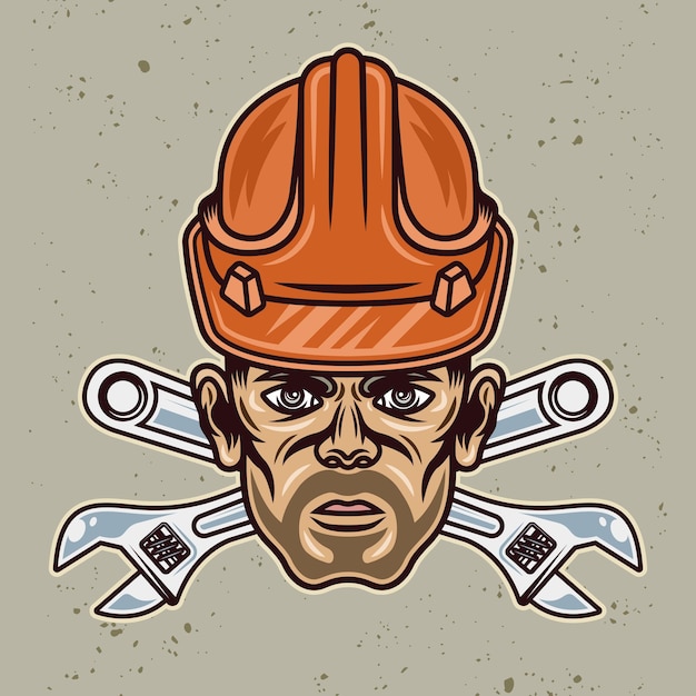 Head of worker with bristle in hard hat and two crossed adjustable wrenches vector illustration in colorful cartoon style isolated on light background