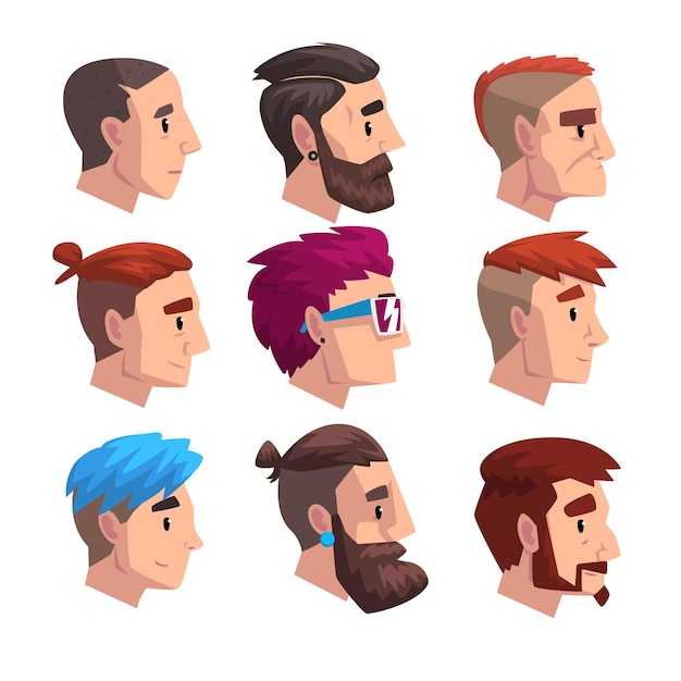 Vector head of young man with fashion hairstyles set profile of guys with trendy haircuts vector illustration isolated on a white background