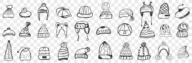 Accumulazione stabilita di doodle del copricapo di vari cappelli e cappelli caldi disegnati a mano