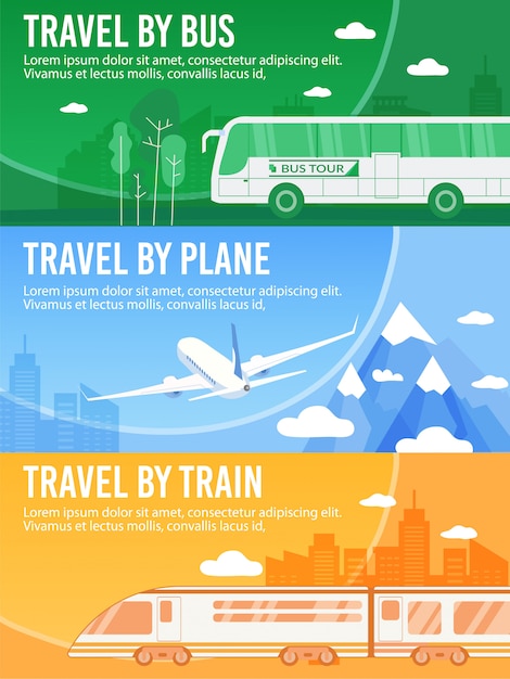 Set di banner di intestazione offri autobus, treno, viaggio in aereo