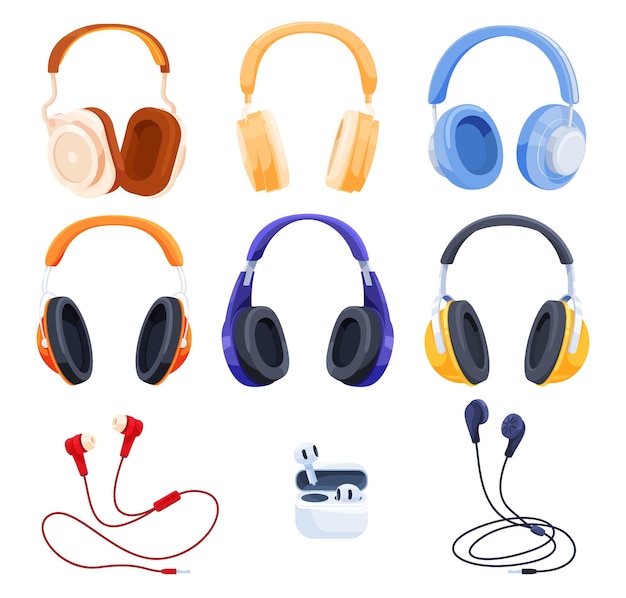 Vector headphone audio devices for listening to music individual devices for sound reproduction vector illustration