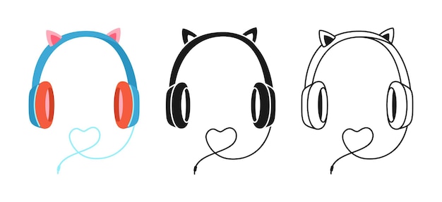 Headphone headset comic icon drawn stamp doodle line set earphone sign call center operator symbol