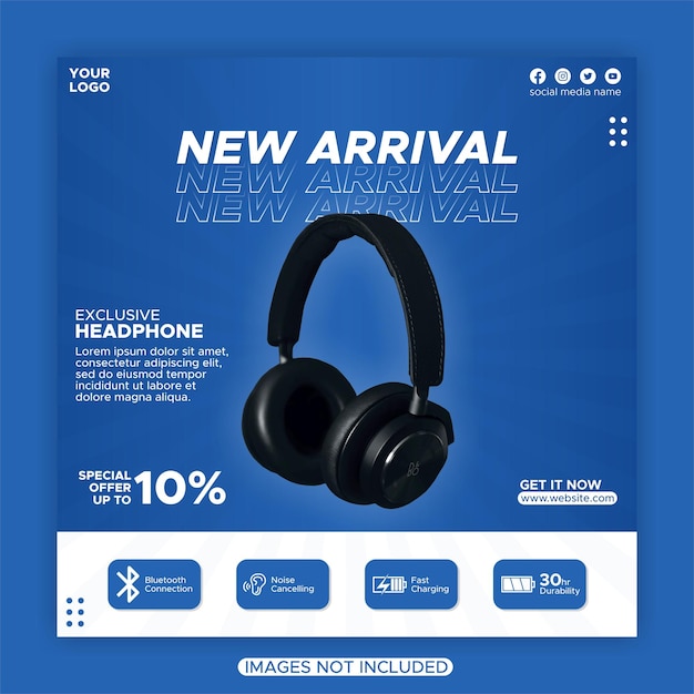 Vector headphone promotion sale. social media post template